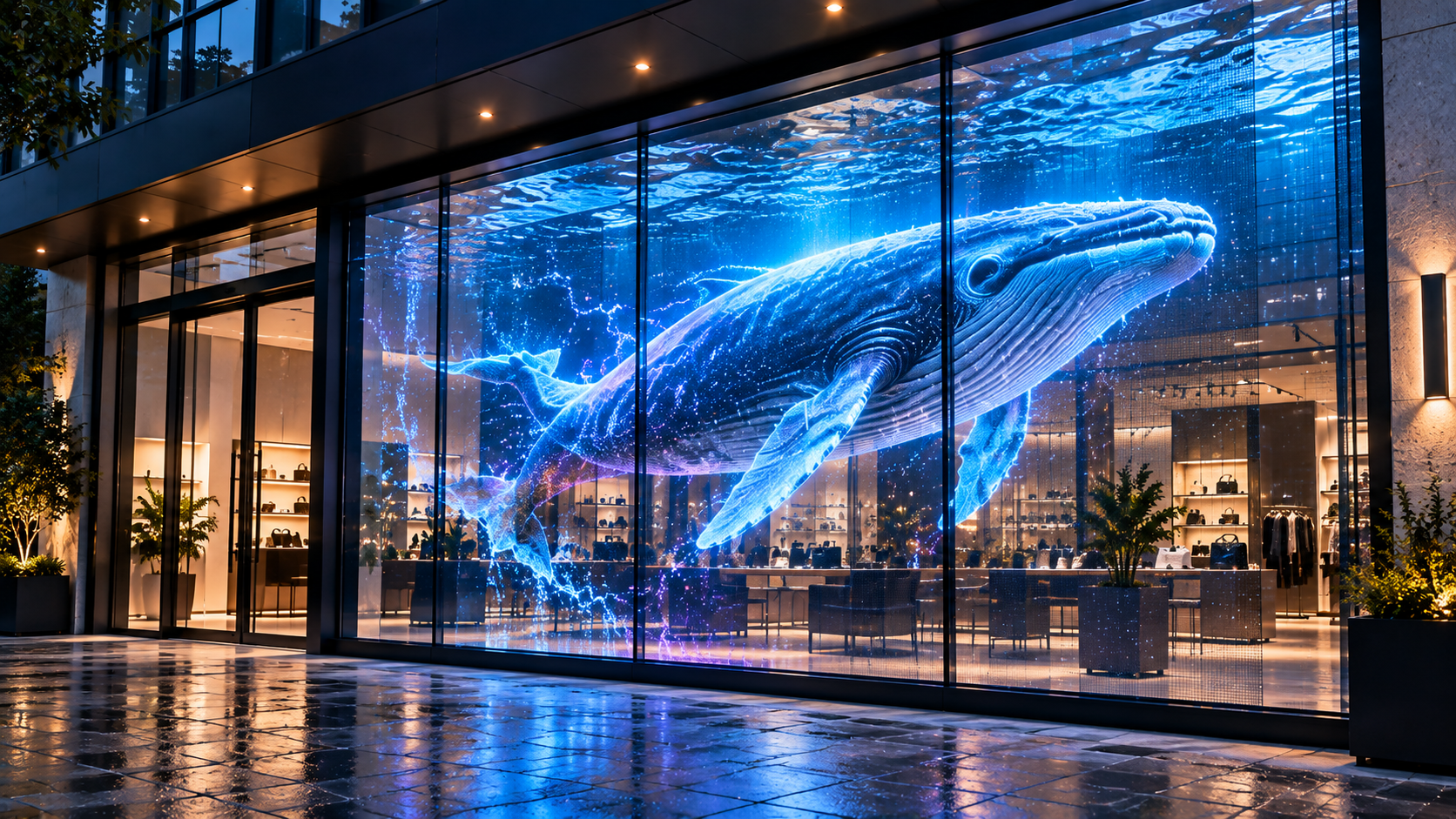 NOVEXA storefront with transparent LED whale display